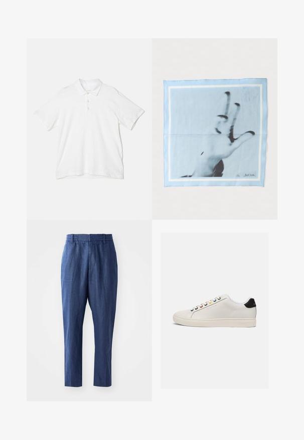 rag & bone CLASSIC FLAME - Polo - white; Pantalons en lin bleu marine avec une coupe décontractée, une taille élastique et des jambes fuselées. Caractérisés par une texture lisse et des détails de couture minimaux.; Sneaker en cuir blanc avec un bout légèrement arrondi, semelle plate, œillets multicolores, languette noire au talon et logo en relief sur le côté.; Foulard carré bleu clair avec une photo en noir et blanc d'une main faisant un signe de paix, bordé de lignes blanches.