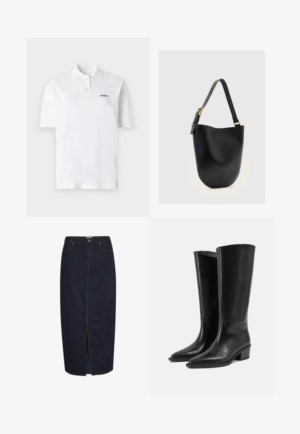 Hvid polo skjorte lavet af bomuld, med klassisk krave, tre knapper og et lille sort logo på venstre bryst. Korte ærmer.; Mørk denim maxi-nederdel med en frontslids. Har orange syninger og et klassisk fem-lomme design. Knaplukning i taljen.; Par høje sorte læderstøvler med lave blokhæle og spidse tæer på en ensartet lys baggrund.; Sort læderbuckettaske med justerbar skulderrem og spænde i guldfarve på en ensfarvet lys grå baggrund.