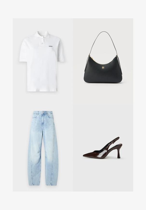 Hvid polo skjorte lavet af bomuld, med klassisk krave, tre knapper og et lille sort logo på venstre bryst. Korte ærmer.; Lys blå denim bredbenede jeans med høj talje, med knaplukning, forlommer og subtil falming.; Brune patenterede læderslingback-sandaletter med spids tå, en tynd hæl og justerbar rem med en lille spænde.; Sort læderhåndtaske med gyldent lynlås, tynd rem og gyldent "HUGO"-logo centreret på fronten.