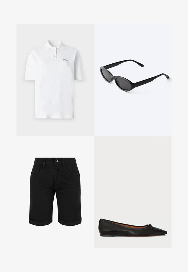 Valge puuvillane polo särk, klassikalise krae, kolme nööbi ja väikese musta logoga vasakul rinnal. Lühikesed varrukad.; Mustad puuvillased lühikesed püksid nööbiga, millel on keeratud servad, kaks esitamud ja sile tekstuur.; Musthave mustmugav mustlööv mustpeen mustliist kaumustpunase siluetti mustnot mustlinnti mustmuuta mustlis, ja mustpeen evidenti mustkpöytä mustpuuriinge musttarvik mustpeenust previstos.; Siledad tumedadega ovaalsed mustad päikeseprillid sirgete kätega, valgel pinnal.
