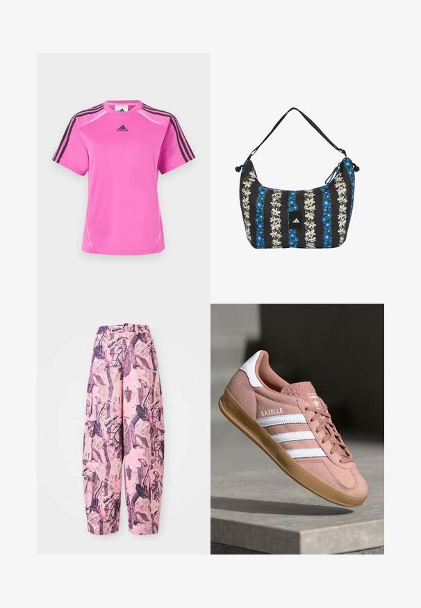 Lyserød Adidas sportstrøje med sort tre-stribe detalje på ærmerne og sort Adidas logo på brystet.; Lyserøde og lilla mønstrede vide bukser har et blad- og grenmønster, med høj talje og sidelommer for ekstra funktionalitet.; Rosa ruskinds sneaker med hvide striber, gummisål, tekstureret overdel og logo på tungen. Klassisk low-top design.; Sort skuldertaske med lodrette striber af blå og hvide blomster og et lille sort Adidas-logo midt på.