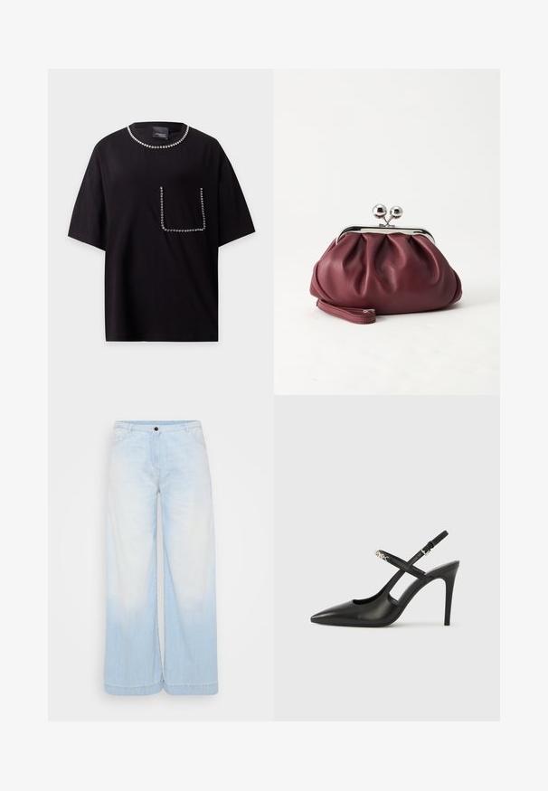 Sort t-shirt med korte ærmer, rund halsudskæring og brystlomme, begge kanter dekoreret med små runde sølvnitter.; Lysblå denim brede bukser med en gradient vask, der har en knaplukning, forlommer og kontrastsyninger langs kanten.; Sorte læder slingback-højhæle med spids tå, udskåret design og justerbar rem med metalhardware.; Lille bordeauxlæder clutch-pung med sølv metal lukning og håndledsrem på hvid baggrund.