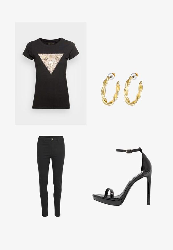 Schwarzes T-Shirt mit kurzen Ärmeln, ausgestattet mit einem metallischen Leopardenmuster in Form eines Dreiecks und dem "GUESS"-Logo, runder Ausschnitt und körpernahe Silhouette.; Schwarze Skinny-Jeans mit glattem Stoffgefühl, ausgestattet mit einem vorderen Knopfverschluss, fünf Taschen und einem eng anliegenden Schnitt.; Steve Madden MILANO - High Heel Sandalette - black; Goldene, gedrehte Creolen mit glatter Oberfläche, ausgestattet mit transparentem Rücken und goldfarbenen Beschlägen.