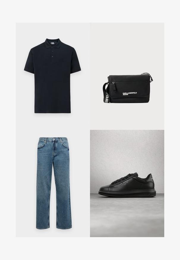 Marine polo shirt lavet af bomuld, med en klassisk krave, tre knapper og et broderet logo på venstre bryst. Korte ærmer, glat tekstur.; Blå denimjeans med lige pasform, der har fem lommer, en knap- og lynlåslukning samt synlige stikninger.; Person iført sorte Karl Lagerfeld sneakers med sorte bukser, stående på et trægulv mod en hvid panelvæg.; Sort messenger-taske lavet af glat nylon. Har justerbar rem, frontlomme med lynlås og hvidt trykt logo. Rektangulær form med minimalistisk design.