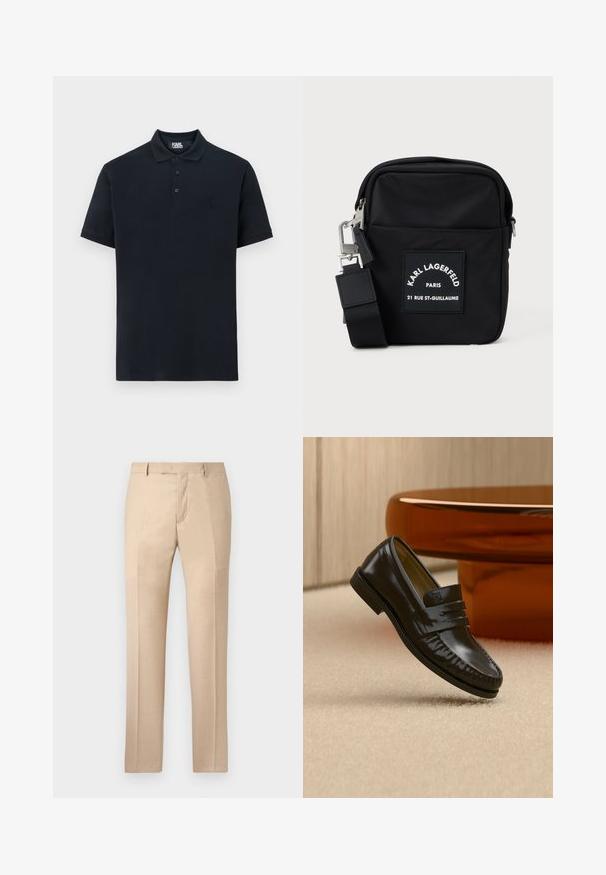 Marineblaues Polo-Shirt aus Baumwolle mit einem klassischen Kragen, drei Knöpfen und einem bestickten Logo auf der linken Brust. Kurze Ärmel, glatte Textur.; Beige maßgeschneiderte Hose mit glatter Textur, flachem Frontbereich und geraden Beinen. Verfügt über Gürtelschlaufen und einen verdeckten Reißverschluss.; Glänzender schwarzer Leder-Loafer mit einem Riemendetail, auf einem beigen Teppich neben einem runden braunen Couchtisch in einem sanft beleuchteten Raum platziert.; Schwarze Nylon-Crossbody-Tasche mit rechteckiger Form, ausgestattet mit einem vorderen Aufnäher, silberfarbenen Beschlägen und einem verstellbaren Schultergurt.