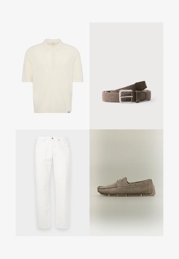 Polo de punto de manga corta color crema con cuatro botones y una pequeña etiqueta con el logo de Calvin Klein en el dobladillo.; Pantalones de mezclilla blanca con un diseño de pierna recta. Presenta un clásico diseño de cinco bolsillos, cierre de botón metálico y una ligera textura.; Mocasín de ante beige con costuras tipo moc toe, detalle de cordones, suela segmentada y logo de Calvin Klein en el lateral y en la lengüeta del talón.; Cinturón de tela trenzada marrón con extremos de cuero oscuro y una hebilla metálica rectangular plateada sobre un fondo blanco.