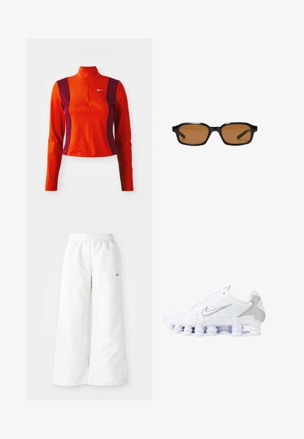 Roter und lila Langarm-Oberteil mit einem Viertelreißverschluss, das ein Nike-Logo auf der Brust trägt und eine figurbetonte Passform mit einer glatten Textur aufweist.; Weiße Sporthose mit weitem Bein, elastischem Bund und kleinem schwarzen Nike-Logo auf der linken Seite. Glattes, leichtes Material.; Weiße Sportschuhe mit einem oberen Teil aus Mesh, silbernen Akzenten und einem einzigartigen Spiralsohlendesign. Verfügt über einen gepolsterten Schaft und eine Schnürung für optimalen Halt.; Schwarze rechteckige Sonnenbrille mit dickem Rahmen und braunen getönten Gläsern, von vorne auf weißem Hintergrund gezeigt.