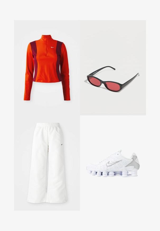 Červený a fialový nátelník s dlhými rukávmi a štvrť zipsom, s logom Nike na hrudi a priliehavým dizajnom s hladkou textúrou.; Biele športové nohavice so širokým strihom, elastickým pásom a malým čiernym logom Nike na ľavej strane. Hladký, ľahký materiál.; Biele športové topánky s jemnou sieťovinou na hornej časti, striebornými detailmi a jedinečným dizajnom podpätka v tvare cievky. Majú polstrovaný golier a šnurovanie pre lepšie udržanie na nohe.; Čierne oválne slnečné okuliare s tenkými ramenami a červenými tónovanými šošovkami ležia na bielom povrchu.