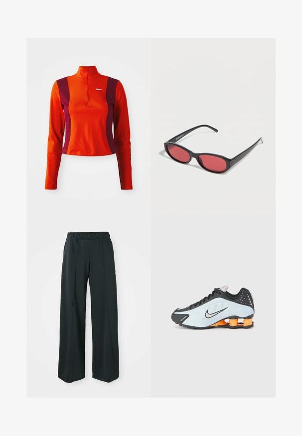 Punane ja lilla pika varrukaga särk, millel on veerandi pikkuses tõmblukk, Nike logo rinnal ning keha lähedane disain sileda tekstuuriga.; Mustad, laiad spordipüksid elastse vööniidega. Valmistatud siledast, venivast kangast, millel on kerge esiseam ja ei ole taskuid.; Must must ja heledast sinisest sportlikust jalatsist, millel on ümar varvas, võrgust ja sünteetilisest materjalist ülemine osa ning oranž kandmistoetuse element lööke neelavas disainis.; Mustad ovaalsed päikeseprillid õhukeste kätega ja punase tooniga läätsedega, mis puhkavad valgel pinnal.