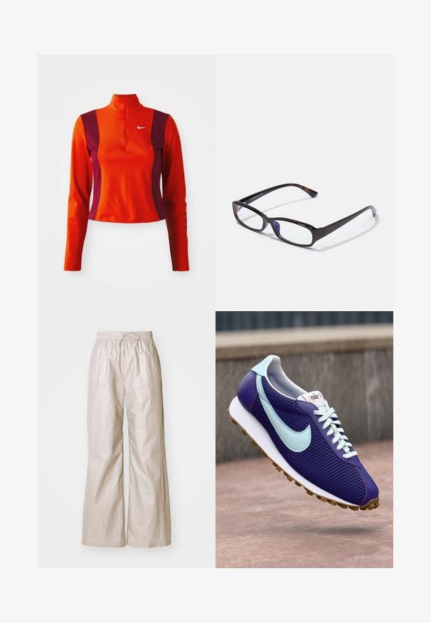 Roter und lila Langarm-Oberteil mit einem Viertelreißverschluss, das ein Nike-Logo auf der Brust trägt und eine figurbetonte Passform mit einer glatten Textur aufweist.; Helle beige weit geschnittene Hose aus zerknittertem Stoff, mit einem elastischen Bund und einer Kordelzug sowie seitlichen Taschen.; Lila Nike Sneaker mit hellblauem Swoosh, weißen Schnürsenkeln und Gummi-Sohle, der über einer Betonoberfläche im Freien schwebt.; Rechteckige Brille mit Schildpatt-Muster, schwarzem Kunststoffrahmen und transparenten Gläsern. Mit dünnen Bügeln und leicht geschwungenen Enden.