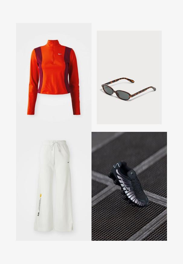Roter und lila Langarm-Oberteil mit einem Viertelreißverschluss, das ein Nike-Logo auf der Brust trägt und eine figurbetonte Passform mit einer glatten Textur aufweist.; Weiße, weit geschnittene Sweatpants mit elastischem Bund, Kordelzug, seitlichen Schlitzen, schwarzem Nike-Logo und kontrastierendem gelbem Grafiktext.; Schwarzer Sportschuh mit strukturiertem Mesh-Obermaterial, silbernen Akzenten, Fußgewölbeunterstützung und gepolsterter Sohle mit auffälligem segmentiertem Design.; Kleine ovale Sonnenbrille mit dunklen Gläsern auf einer hellgrauen Oberfläche liegend.
