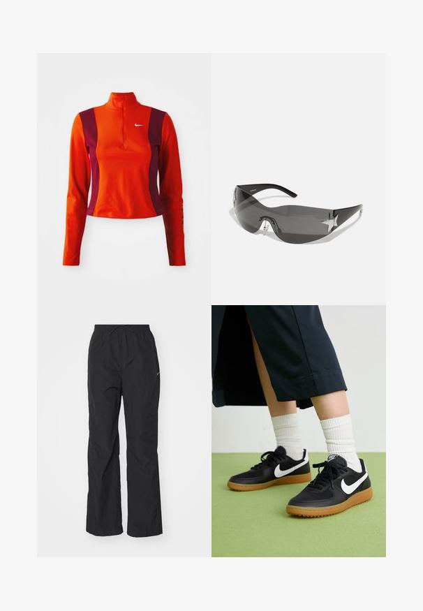 Červený a fialový nátelník s dlhými rukávmi a štvrť zipsom, s logom Nike na hrudi a priliehavým dizajnom s hladkou textúrou.; Čierne, ľahké nohavice s elastickým pásom a šnúrkou. Majú textúrovaný povrch a malú reflexnú nášivku na boku.; Čierne kožené a syntetické tenisky so bielym logom Nike, gumenou podrážkou, okrúhlou špičkou a čiernymi šnúrkami. Viditeľné biele pruhované ponožky.; Čierne slnečné okuliare s obopínajúcim dizajnom, tmavými sklíčkami, lesklými hviezdicovými akcentmi a nastaviteľnými nosovými podložkami.