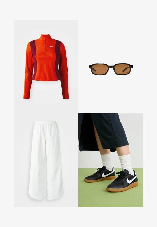 Červený a fialový nátelník s dlhými rukávmi a štvrť zipsom, s logom Nike na hrudi a priliehavým dizajnom s hladkou textúrou.; Biele široké športové nohavice s ribbovaným pásom a jemným logom. Hladká tkanina s uvoľneným strihom a zúženým lemom.; Čierne kožené a syntetické tenisky so bielym logom Nike, gumenou podrážkou, okrúhlou špičkou a čiernymi šnúrkami. Viditeľné biele pruhované ponožky.; Čierne obdĺžnikové slnečné okuliare s hrubými rámami a hnedom sfarbenými šošovkami, zobrazené spredu na bielom pozadí.