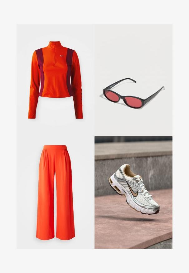 Punane ja lilla pika varrukaga särk, millel on veerandi pikkuses tõmblukk, Nike logo rinnal ning keha lähedane disain sileda tekstuuriga.; Laiad püksid, mis on valmistatud siledast, erksast oranžist kangast. Omavad kõrget vööd ja voltimist, et tagada mugav istuvus. Puhtad, lihtsad jooned.; Valge ja hõbedane Nike jooksujalanõu beeži Swoosh logoga, nähtav õhus kivipinna kohal, taustal ähmane hall sein.; Mustad ovaalsed päikeseprillid õhukeste kätega ja punase tooniga läätsedega, mis puhkavad valgel pinnal.