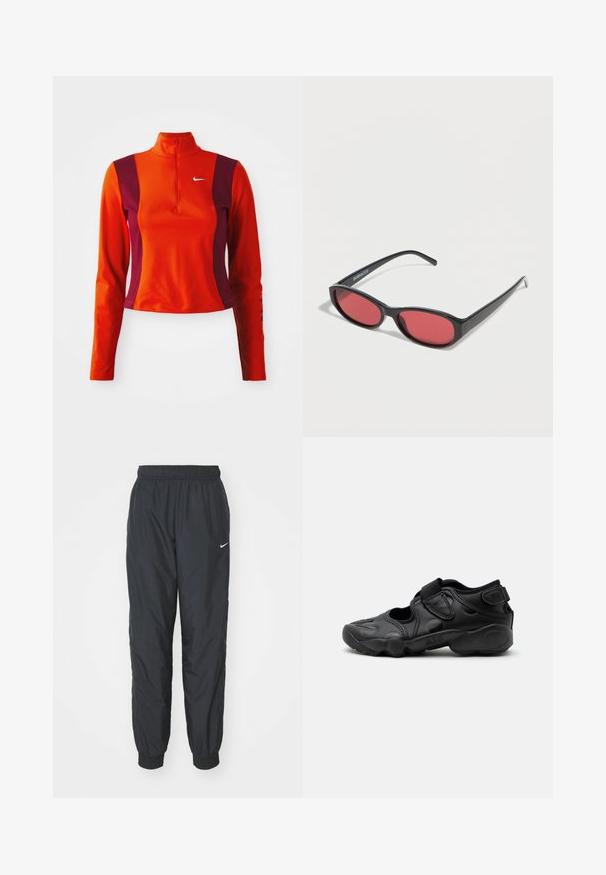 Roter und lila Langarm-Oberteil mit einem Viertelreißverschluss, das ein Nike-Logo auf der Brust trägt und eine figurbetonte Passform mit einer glatten Textur aufweist.; Schwarze Nike Jogginghosen aus leichtem Material, mit elastischem Bund und Bündchen, versehen mit einem kleinen weißen Logo am linken Bein.; Schwarze sportliche Sandale mit geschlossenem Zehenbereich, Klettverschlüssen am Mittelfuß und an der Ferse sowie einer dicken gepolsterten Sohle mit der Aufschrift „AIR“ an der Seite.; Schwarze ovale Sonnenbrille mit schlanken Bügeln und rot getönten Gläsern, die auf einer weißen Oberfläche liegt.
