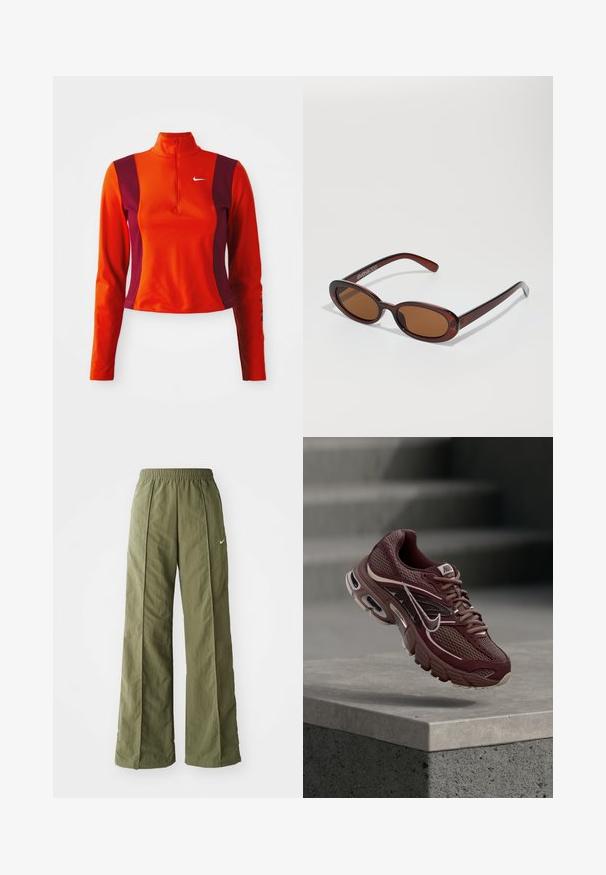 Červený a fialový nátelník s dlhými rukávmi a štvrť zipsom, s logom Nike na hrudi a priliehavým dizajnom s hladkou textúrou.; Olívovo zelené nohavice s širokými nohavicami vyrobené z ľahkej tkaniny, s elastickým pásom a malým bielym logom na prednej strane.; Nákupná obuv Nike v marónovej farbe s plátnovou sieťovinou, polstrovaným golierom, hrubou podrážkou a bielymi akcentmi. Dizajn obsahuje zaoblenú špičku a výrazné šnúrky.; Okrúhle slnečné okuliare s hnedým nádychom a lesklým burgundským rámom. Úzke ramená s jemným brandovaním. Plochej šošovky dizajn.