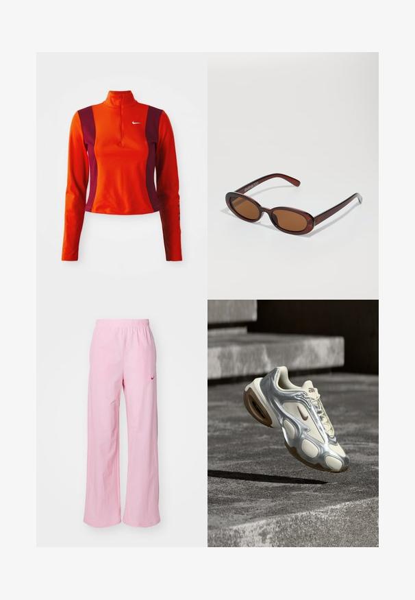 Roter und lila Langarm-Oberteil mit einem Viertelreißverschluss, das ein Nike-Logo auf der Brust trägt und eine figurbetonte Passform mit einer glatten Textur aufweist.; Rosa Hosen mit elastischem Bund und lässiger Passform. Sie verfügen über ein rotes Logo auf der linken Seite und eine glatte, leichte Textur.; Cremefarbener und metallisch silberner Sportschuh schwebt über Betontreppen, ausgestattet mit braunen Gummisohlen und Nike-Logo.; Runde, braun getönte Sonnenbrillen mit einem glänzenden burgunderfarbenen Rahmen. Schlanke Bügel mit dezentem Branding. Flaches Linsendesign.