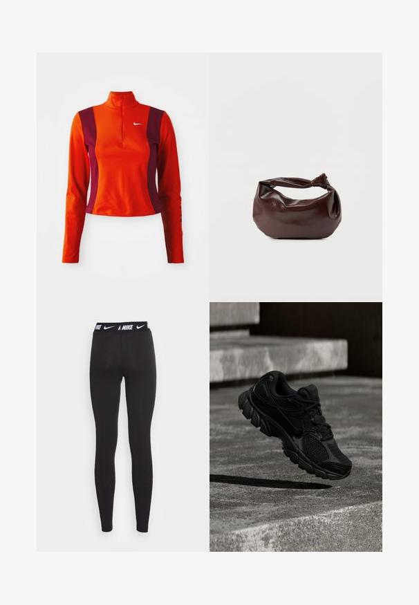 Punainen ja violetti pitkähihainen paita, jossa on neljännesvetoketju, ja jossa on Nike-logo rinnassa. Paita on istuva ja siinä on sileä pinta.; Mustat urheilutrikoot, joissa on korkea vyötärö ja valkoinen Nike-logo. Kangas on sileä ja joustava, suunniteltu aktiiviseen käyttöön.; Musta urheilukenkä, jossa on verkkokangas- ja synteettinen päällinen, kuvioitu pohja ja pyöristetty kärkiosa, leijuu kuvioidun betonipinnan yläpuolella.; Tummanruskea nahkainen olkalaukku, jossa on pehmeä, rento muoto ja kiertynyt solmukahva valkoisella taustalla.