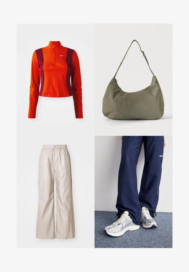 Roter und lila Langarm-Oberteil mit einem Viertelreißverschluss, das ein Nike-Logo auf der Brust trägt und eine figurbetonte Passform mit einer glatten Textur aufweist.; Helle beige weit geschnittene Hose aus zerknittertem Stoff, mit einem elastischen Bund und einer Kordelzug sowie seitlichen Taschen.; Nike Sportschuhe mit einem silbernen Mesh-Obermaterial, weißen Akzenten und strukturierten Sohlen, kombiniert mit locker sitzenden marineblauen Hosen.; Olivgrüne weiche Stoff-Schultertasche mit Reißverschluss und verstellbarem Tragegurt vor einfarbig hellem Hintergrund.