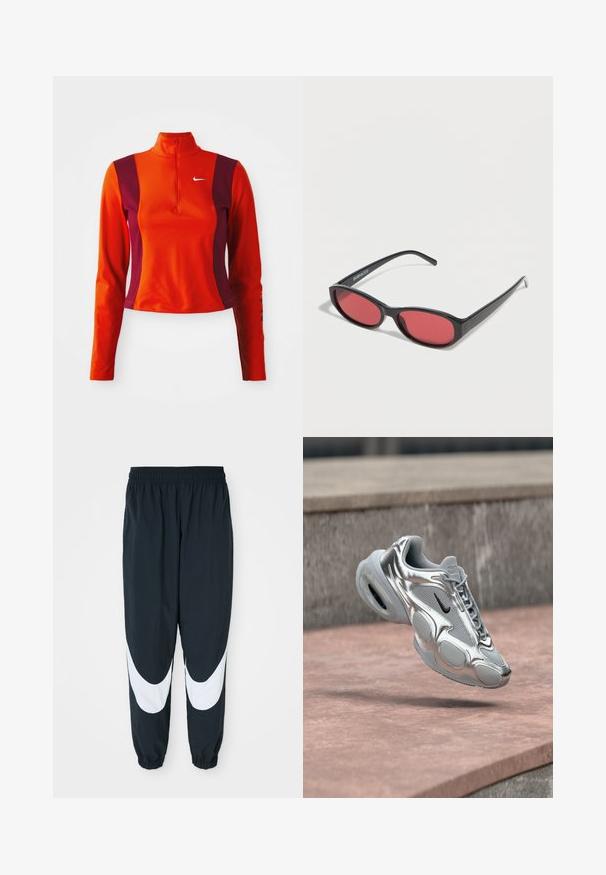 Punainen ja violetti pitkähihainen paita, jossa on neljännesvetoketju, ja jossa on Nike-logo rinnassa. Paita on istuva ja siinä on sileä pinta.; Mustat urheiluhousut, joissa valkoiset kaarevat paneelit, joustava vyötärö ja kootut hihnat. Housut on valmistettu kevyestä kankaasta ja niissä on rento istuvuus.; Hopea- ja harmaa Nike Air -lenkkari, jossa musta swoosh, leijuu vaaleanpunertavan betonipinnan ja kivireunuksen taustalla.; Musta, soikea aurinkolasit, ohuilla varsilla ja punertavilla linsseillä, lepää valkoisella pinnalla.