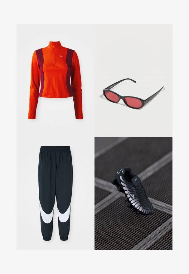 Roter und lila Langarm-Oberteil mit einem Viertelreißverschluss, das ein Nike-Logo auf der Brust trägt und eine figurbetonte Passform mit einer glatten Textur aufweist.; Schwarze Jogginghose mit weißen, gewölbten Einsätzen, elastischem Bund und gerafften Säumen, aus leichtem Stoff und mit lockerer Passform.; Schwarzer Sportschuh mit strukturiertem Mesh-Obermaterial, silbernen Akzenten, Fußgewölbeunterstützung und gepolsterter Sohle mit auffälligem segmentiertem Design.; Schwarze ovale Sonnenbrille mit schlanken Bügeln und rot getönten Gläsern, die auf einer weißen Oberfläche liegt.