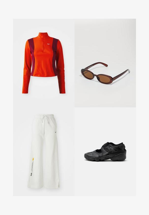 Roter und lila Langarm-Oberteil mit einem Viertelreißverschluss, das ein Nike-Logo auf der Brust trägt und eine figurbetonte Passform mit einer glatten Textur aufweist.; Weiße, weit geschnittene Sweatpants mit elastischem Bund, Kordelzug, seitlichen Schlitzen, schwarzem Nike-Logo und kontrastierendem gelbem Grafiktext.; Schwarze sportliche Sandale mit geschlossenem Zehenbereich, Klettverschlüssen am Mittelfuß und an der Ferse sowie einer dicken gepolsterten Sohle mit der Aufschrift „AIR“ an der Seite.; Runde, braun getönte Sonnenbrillen mit einem glänzenden burgunderfarbenen Rahmen. Schlanke Bügel mit dezentem Branding. Flaches Linsendesign.