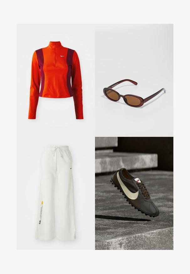Punainen ja violetti pitkähihainen paita, jossa on neljännesvetoketju, ja jossa on Nike-logo rinnassa. Paita on istuva ja siinä on sileä pinta.; Valkoiset, leveät collegehousut, joissa on joustava vyötärö, nyöritys, sivuvetoketjut, musta Nike-logo ja kontrastivärinen keltainen grafiikkateksti.; Ruskea ja beige Nike-tossu piikkipohjalla ilmassa karujen betonisten portaiden yllä neutraalissa ulkotilassa.; Pyöreät, ruskehtavat aurinkolasit, joissa on kiiltävä burgundinpunainen runko. Kapeat sivut, joissa on hienovarainen brändäys. Litteät linssit.