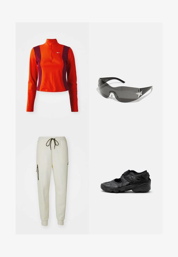 Punainen ja violetti pitkähihainen paita, jossa on neljännesvetoketju, ja jossa on Nike-logo rinnassa. Paita on istuva ja siinä on sileä pinta.; Valkoiset jogger-housut, joissa on joustava vyötärö, säädettävä nauha, sivutaskut ja vetoketjullinen tasku vasemmassa reidessä.; Mustat urheilusandaalit, joissa suljettu varvasosa, tarranauhat keskijalassa ja kannassa sekä paksu pehmustettu pohja, jossa sivussa merkintä "AIR".; Musta aurinkolasit, joissa on ympäröivä muotoilu, tummat tummennuslinssit, kiiltävät tähtimuotoiset koristeet ja säädettävät nenätyynyt.