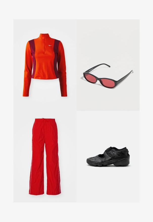 Punane ja lilla pika varrukaga särk, millel on veerandi pikkuses tõmblukk, Nike logo rinnal ning keha lähedane disain sileda tekstuuriga.; Punased nailonipüksid, millel on laia säärega disain, elastne vöökoht koos paelaga ja valged külgtriibud. Sile tekstuur ja kerge välimus.; Mustad sportlikud sandaalid suletud varbaga, takjakinnitused sääre keskosas ja kandadel ning paks pehmendusega tald, millel külgmisel küljel kiri "AIR".; Mustad ovaalsed päikeseprillid õhukeste kätega ja punase tooniga läätsedega, mis puhkavad valgel pinnal.