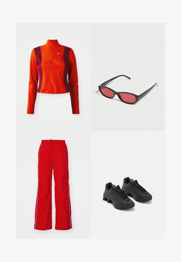Červený a fialový nátelník s dlhými rukávmi a štvrť zipsom, s logom Nike na hrudi a priliehavým dizajnom s hladkou textúrou.; Červené nylonové nohavice s širokým strihom, elastickým pásom s šnúrkou a bielymi bočnými pruhmi. Hladká textúra s ľahkým vzhľadom.; Čierne športové topánky so hladkým syntetickým zvrškom, textúrovanými akcentmi, šnurovacím dizajnom a viditeľným odpružením na päte.; Čierne oválne slnečné okuliare s tenkými ramenami a červenými tónovanými šošovkami ležia na bielom povrchu.