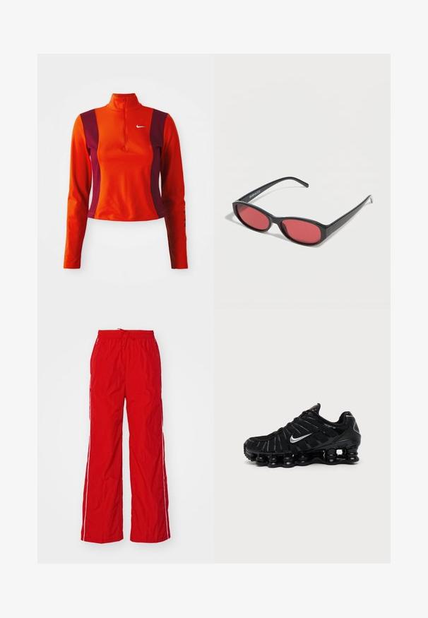 Punane ja lilla pika varrukaga särk, millel on veerandi pikkuses tõmblukk, Nike logo rinnal ning keha lähedane disain sileda tekstuuriga.; Punased nailonipüksid, millel on laia säärega disain, elastne vöökoht koos paelaga ja valged külgtriibud. Sile tekstuur ja kerge välimus.; Must Nike sportlik jalanõu hõbedase Swooshi logoga, võrgust ja sünteetilisest materjalist pealiskattega ning iseloomuliku segmentidega polsterdatud tallaga.; Mustad ovaalsed päikeseprillid õhukeste kätega ja punase tooniga läätsedega, mis puhkavad valgel pinnal.