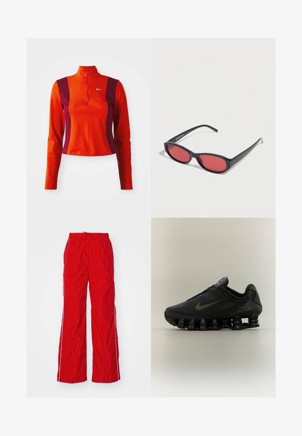 Punainen ja violetti pitkähihainen paita, jossa on neljännesvetoketju, ja jossa on Nike-logo rinnassa. Paita on istuva ja siinä on sileä pinta.; Punaiset nailonihousut, joissa on leveät lahkeet, joustava vyötärönyöri ja valkoiset sivuraitat. Sileä pinta ja kevyt ulkonäkö.; Musta Nike-tennari, jossa on vetoketjulla varustettu päällinen ja erottuva joustinmäinen segmentoitunut pohja, esitetty sivuprofiilissa neutraalilla taustalla.; Musta, soikea aurinkolasit, ohuilla varsilla ja punertavilla linsseillä, lepää valkoisella pinnalla.