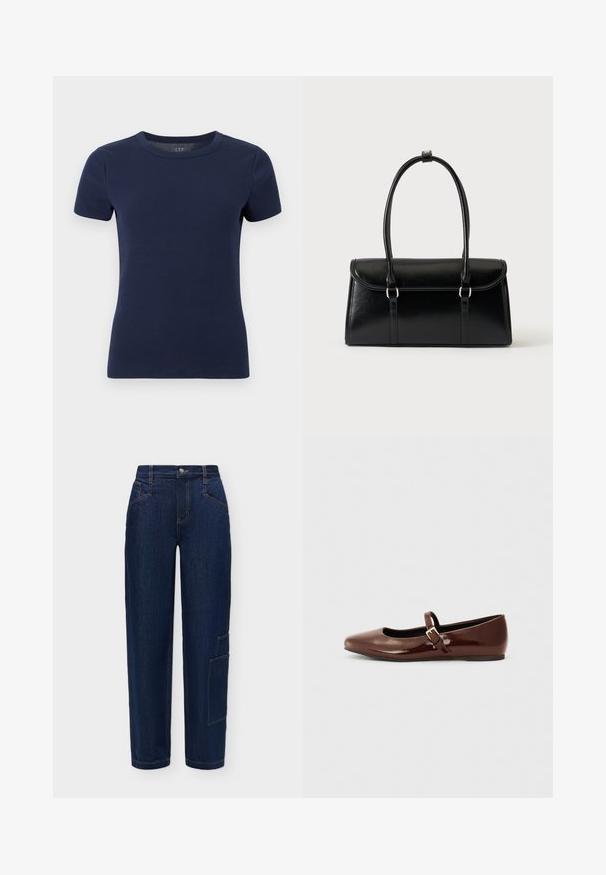 T-shirt à manches courtes en maille côtelée bleu marine avec encolure ronde et silhouette ajustée sur fond blanc.; Pantalon en denim bleu foncé à jambes droites avec poches avant, fermeture par bouton et zip, et une poche cargo latérale sur la jambe droite.; Ballerine en cuir verni marron avec un bout carré et une lanière ornée d'une petite boucle dorée. Texture lisse, talon bas et design minimaliste.; Sac à main rectangulaire en cuir noir avec fermeture à rabat et deux longues anses sur fond blanc uni.