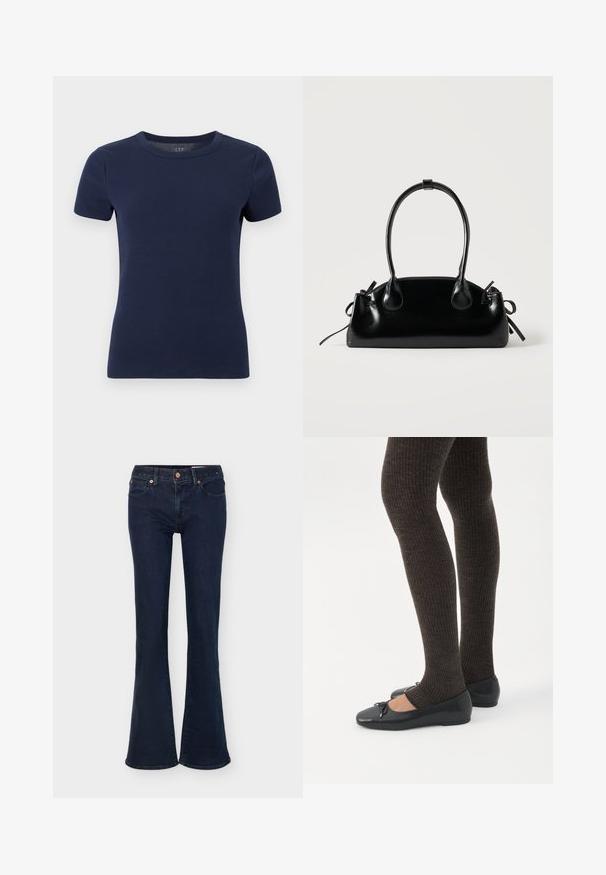 T-shirt à manches courtes en maille côtelée bleu marine avec encolure ronde et silhouette ajustée sur fond blanc.; Jean en denim bleu foncé avec taille haute, fermeture par bouton et zip, poches avant et jambes évasées.; Jambes portant des leggings côtelés foncés associés à des ballerines noires avec de petits détails en nœud sur fond blanc.; Petit sac à main noir brillant avec deux longues anses et des détails à cordon sur les côtés sur un fond clair uni.