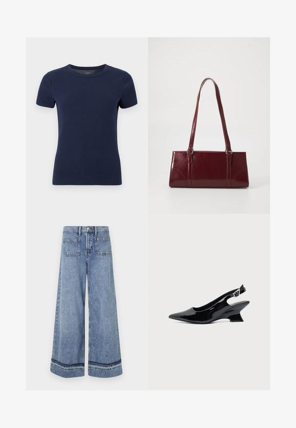 Marineblaue, kurzärmelige Rippstrick-T-Shirt mit Rundhalsausschnitt und figurbetonter Silhouette auf weißem Hintergrund.; Hellblaue Denim-Weitbeinjeans mit hoher Taille, zwei Gesäßtaschen und kontrastierenden Nähten an den Säumen.; Schwarzer Slingback-Schuh aus Lackleder mit spitzer Spitze und niedrigem, schrägem Blockabsatz auf einfachem hellem Hintergrund.; Burgunderfarbene Handtasche aus glänzendem Material, rechteckige Form, mit zwei Schulterriemen und subtilen, geschwungenen Akzenten an der Vorderseite.