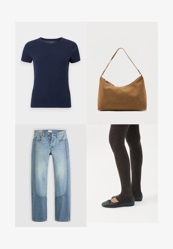 Marineblauw geribd gebreid T-shirt met korte mouwen, ronde hals en aansluitende pasvorm op een witte achtergrond.; Lichtblauwe denim jeans met een rechte, losse pasvorm, voorzien van contrasterende paneeldetails en een vijf-pocket ontwerp. Knopen vloogsluiting.; Benen met donkere geribbelde leggings gecombineerd met zwarte ballerina's met kleine strikdetails op een witte achtergrond.; Bruine suède schoudertas met een enkele band en een ritssluiting aan de bovenkant, gepresenteerd tegen een effen witte achtergrond.