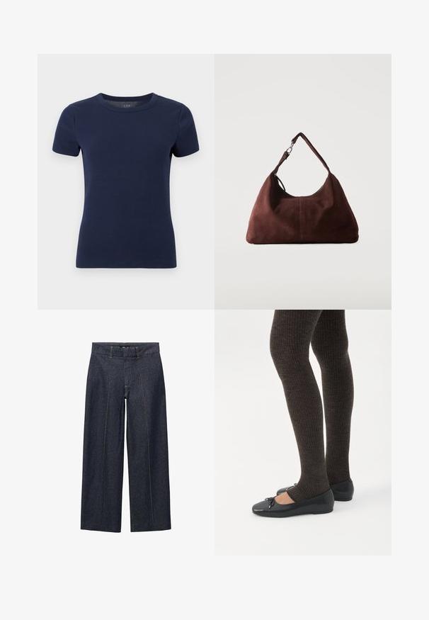 Marineblauw geribd gebreid T-shirt met korte mouwen, ronde hals en aansluitende pasvorm op een witte achtergrond.; Donkerblauwe denim wijde broek met voornaad en een standaard tailleband. Voorzien van oranje stiksel en een cropped lengte.; Benen met donkere geribbelde leggings gecombineerd met zwarte ballerina's met kleine strikdetails op een witte achtergrond.; Zachte bruine suède schoudertas met een enkele riem en zilverkleurige metalen accenten op een effen lichte achtergrond.