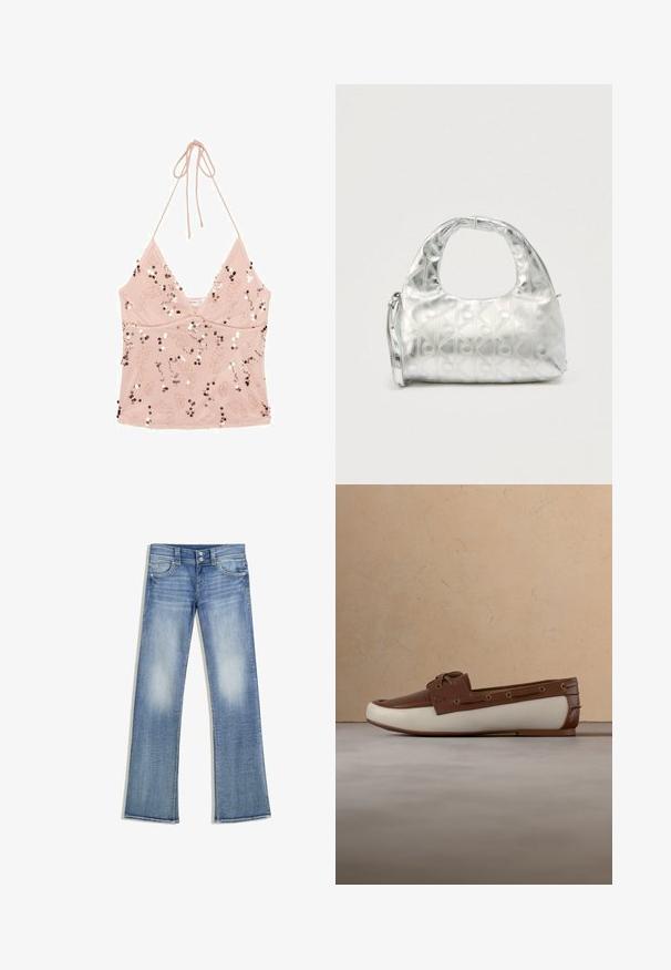 Hellrosa Neckholder-Top mit dünnen Trägern, V-Ausschnitt und verstreuten glänzenden Pailletten- und Stickereidetails auf dem Stoff.; Hellblaue Bootcut-Jeans mit ausgewaschener Optik, fünf Taschen, Gürtelschlaufen und doppeltem Knopfverschluss, flach auf weißem Hintergrund liegend.; Brauner Leder-Slipper mit cremefarbener Sohle und Schnürdetails, schwebend über einem beigen Teppich und Sofa in einem Raum mit neutraler Farbgestaltung.; Silberne Handtasche mit einem strukturierten Muster aus geometrischen Formen und Kreisen, ausgestattet mit einem abgerundeten Griff und einem abnehmbaren Schulterriemen.