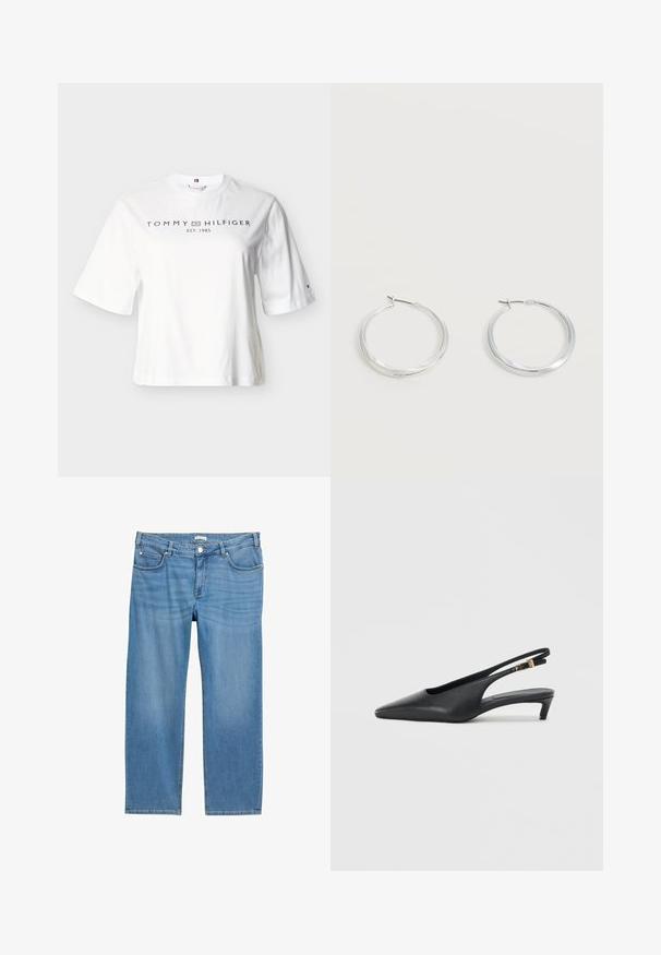 Camiseta blanca de algodón de manga corta con "Tommy Hilfiger Est. 1985" impresa en negro en el pecho y un pequeño logo en la manga izquierda.; Vaqueros de denim azul claro con un diseño de pierna recta, cinco bolsillos, una cintura de altura media y una textura suave. Cuenta con un cierre de botón.; Zapatos de tacón estilo slingback negros con punta afilada, textura de cuero suave, un tacón bajo tipo kitten heel y una correa con un detalle de hebilla metálica.; Pendientes de aro de metal plateado con superficie lisa y ligeramente curvada y cierre de tipo mosquetón sobre un fondo blanco liso.