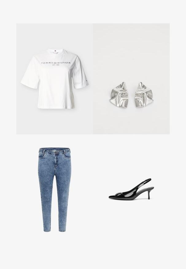 Witte katoenen T-shirt met korte mouwen met "Tommy Hilfiger Est. 1985" zwart gedrukt over de borst en een klein logo op de linkermouw.; Blauwe denim skinny jeans met een hoge taille, vijf zakken en een ritsluiting. De stof heeft een licht vervaagde textuur met contrasterende stiksels.; Zwarte gepatineerde leren slingback hakken met een puntige neus en een glanzende afwerking. Heeft een slanke hak en een ronde accent op de bovenkant.; Zilveren metalen oorbellen met een golvend, sculpturaal ontwerp, voorzien van een gepolijste afwerking en onregelmatige vormen, die een hedendaagse esthetiek benadrukken.