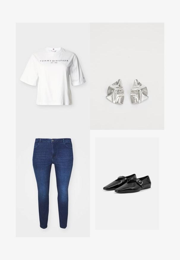 T-shirt blanc en coton à manches courtes avec "Tommy Hilfiger Est. 1985" imprimé en noir sur la poitrine et un petit logo sur la manche gauche.; Jean en denim bleu foncé, slim fit, avec boutons à l'avant et poches, présenté de face sur fond blanc.; Paire de chaussures plates en cuir verni noir à bouts pointus avec une bride à boucle sur le dessus, montrée sur un fond clair uni.; Boucles d'oreilles en métal argenté avec un design ondulé et sculptural, présentant une finition polie et des formes irrégulières, mettant en valeur une esthétique contemporaine.