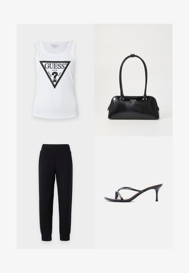 Hvid ribbet tanktop med et sort trekantet logo i midten, der indeholder teksten "GUESS," "U.S.A.," "WASHED," og "JEANS."; Sorte sweatpants med tætsiddende ben, der har en bred elastisk talje og strukturerede sidelapper. Lavet af et blødt, strækbart materiale.; Sort laklædersandal med hæl, tynde krydsede remme og en slank mellemhøj stilethæl på en hvid baggrund.; Sort glanshandtaske med en buet silhuet, to håndtag og en frontlogo-plakette. Lynlås lukning og skinnende hardware-detaljer.