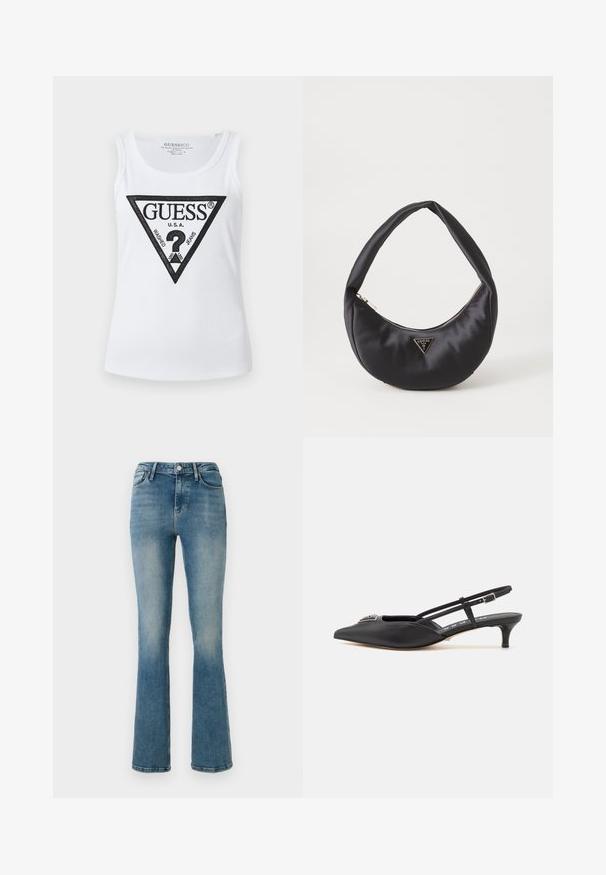 Hvid ribbet tanktop med et sort trekantet logo i midten, der indeholder teksten "GUESS," "U.S.A.," "WASHED," og "JEANS."; Lys blå denim flared jeans med fem lommer, høj talje og sy detaljer. Stoffet viser en let falmet vask og en glat tekstur.; Sorte slingback-sko med spids tå, lavet af glat materiale, med en lille hæl og en dekorativ sølvaccent på vamps.; Sort satin håndtaske med en buet form, der har en lynlåslukning og et trekantet logo i metal på forsiden. Glat tekstur og slankt design.