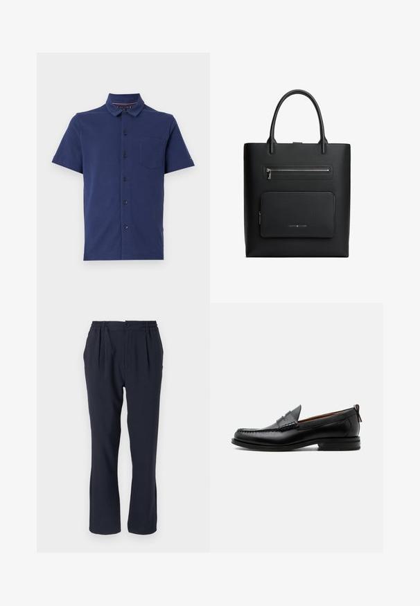 Kortærmet navy polo shirt lavet af tekstureret stof med knaplukning foran, en enkelt brystlomme og en veldefineret krave.; Marineblå bukser lavet af blødt stof med elastisk talje, med folder foran og lige bukseben.; Sort læder herre loafer med moc-tå syning, penny strop, struktureret krave og lav stablet hæl på hvid baggrund.; Sort rektangulær tote-taske med to håndtag, med en toplynlåslomme og en frontlynlåslomme med diskret mærkelogo.