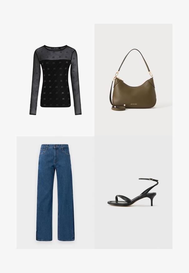 Zwarte langemouwen top met een doorschijnende mesh bovenkant, voorzien van een textuurpatroon en subtiele sprankelende accenten. Ronde halslijn, aansluitend ontwerp.; Blauwe high-waisted wijdijjeans met voor- en achterzakken, knoopsluiting en zichtbare stiksels op een witte achtergrond.; Zwarte leren dames sandaal met dunne bandjes, een teengreep, een enkelgesp en een stilettohak van gemiddelde hoogte op een neutrale achtergrond.; Olijfgroene leren handtas met korte en lange banden, goudkleurige details en het Michael Kors-logo in goud vlak bij de onderkant op een effen achtergrond.