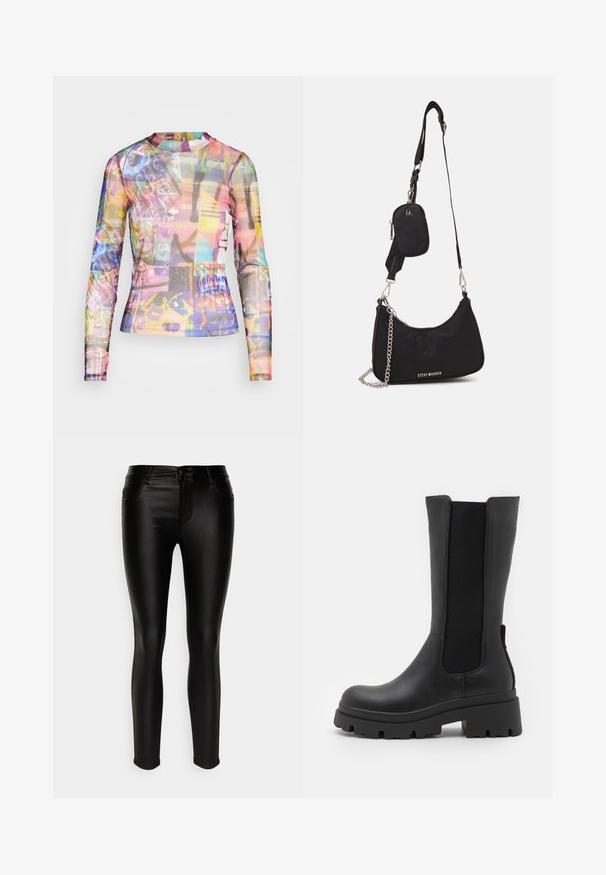 Noisy May NMCARRIE HIGHNECK - Langarmshirt - festival fuchsia; ONLY Petite ONLHELLA COATED - Jeans Skinny Fit - black; ONLY SHOES ONLDOJA - Plateaustiefel - black; Schwarze Nylon-Umhängetasche mit geschwungener Form, silbernem Kettenakzent, abnehmbarem Mini-Pouch und verstellbarem Trageriemen; mit "Steve Madden"-Logo.