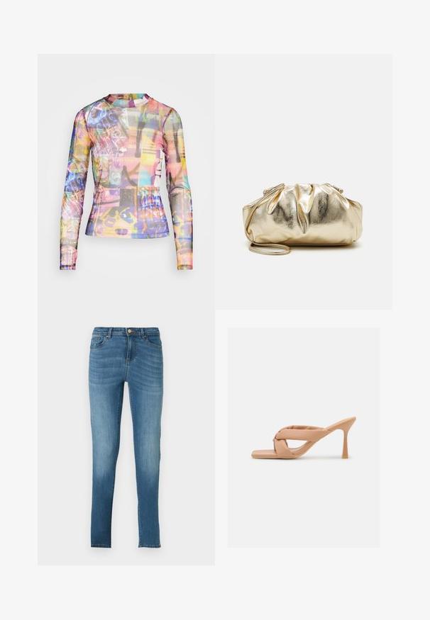 Noisy May NMCARRIE HIGHNECK - Langarmshirt - festival fuchsia; Schmale Jeans aus hellblauem Denim mit einem verblassten Effekt, fünf Taschen, Metallknopfverschluss und dezenten Nähdetails. Gerader Schnitt.; Glamorous Pantolette hoch - camel; Goldfarbene metallische Clutch-Tasche mit einer gekräuselten Textur, weicher runder Form und einem abnehmbaren Kettenriemen. Verfügt über ein gerafftes Design an der Oberseite.