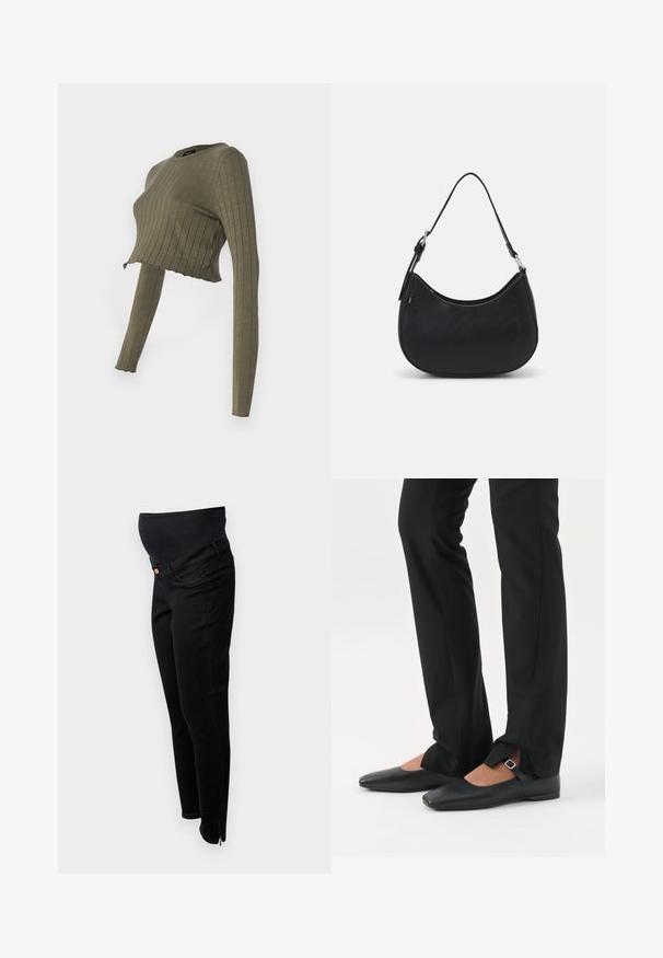 Olijfgroen, geribbeld, cropped longsleeve top met een ronde hals en een iets rafelige zoom. Zachte stof met een aansluitend ontwerp.; Zwarte zwangerschapsjeans met een rekbare tailleband over de buik, slim fit, enkelritsen en een klassieke vijf-pocketontwerp. Zachte denim structuur.; Benen met zwarte smalle broek met voorsplitten aan de zoom, gecombineerd met zwarte platte Mary Jane-schoenen met een klein gespje.; Zwarte hobo tas van soepel leer met een gebogen silhouet, voorzien van een enkele verstelbare schouderriem en minimalistische ontwerpdetails.