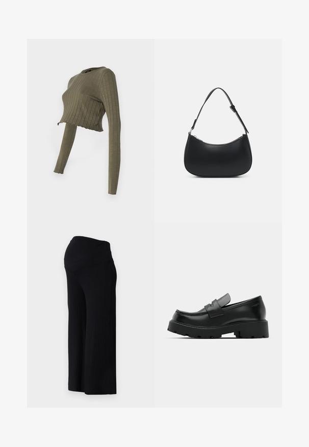 Oliven grøn, ribbet, cropped langærmet top med rund halsudskæring og en let frynset kant. Blødt stof med en tætsiddende pasform.; Sorte ribbede bredbenede bukser med høj talje. Stoffet er glat og strækbart, hvilket skaber en afslappet pasform hele vejen ned ad benene.; Sorte læder loafers med en chunky tekstureret sål, der har en rem over vamps og en glat, poleret finish.; Pieces PCALUANA SHOULDER BAG - Håndtasker - black