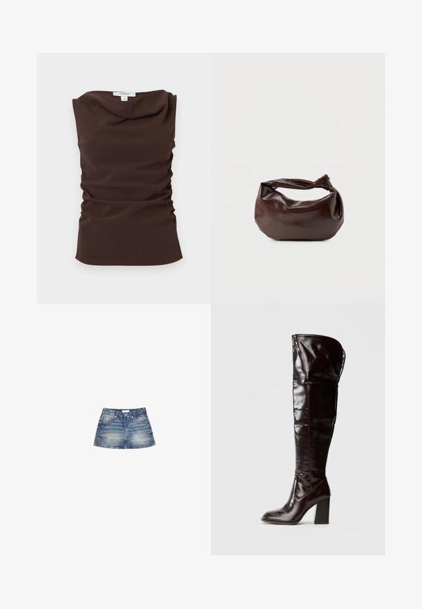 Haut marron sans manches à fronces avec encolure drapée et étiquette Topshop au niveau du col arrière, présenté sur un fond blanc.; Mini-jupe en denim de couleur bleu clair, avec une taille cintrée, des poches avant et un ourlet évasé avec un léger délavage et des bords finis.; Bottes en cuir bordeaux glacé montant jusqu'au genou, avec un bout carré et un talon bloc, présentant un design ample et des détails de couture minimalistes.; Sac bandoulière en cuir marron foncé avec une forme souple et décontractée et une anse nouée torsadée sur un fond blanc uni.